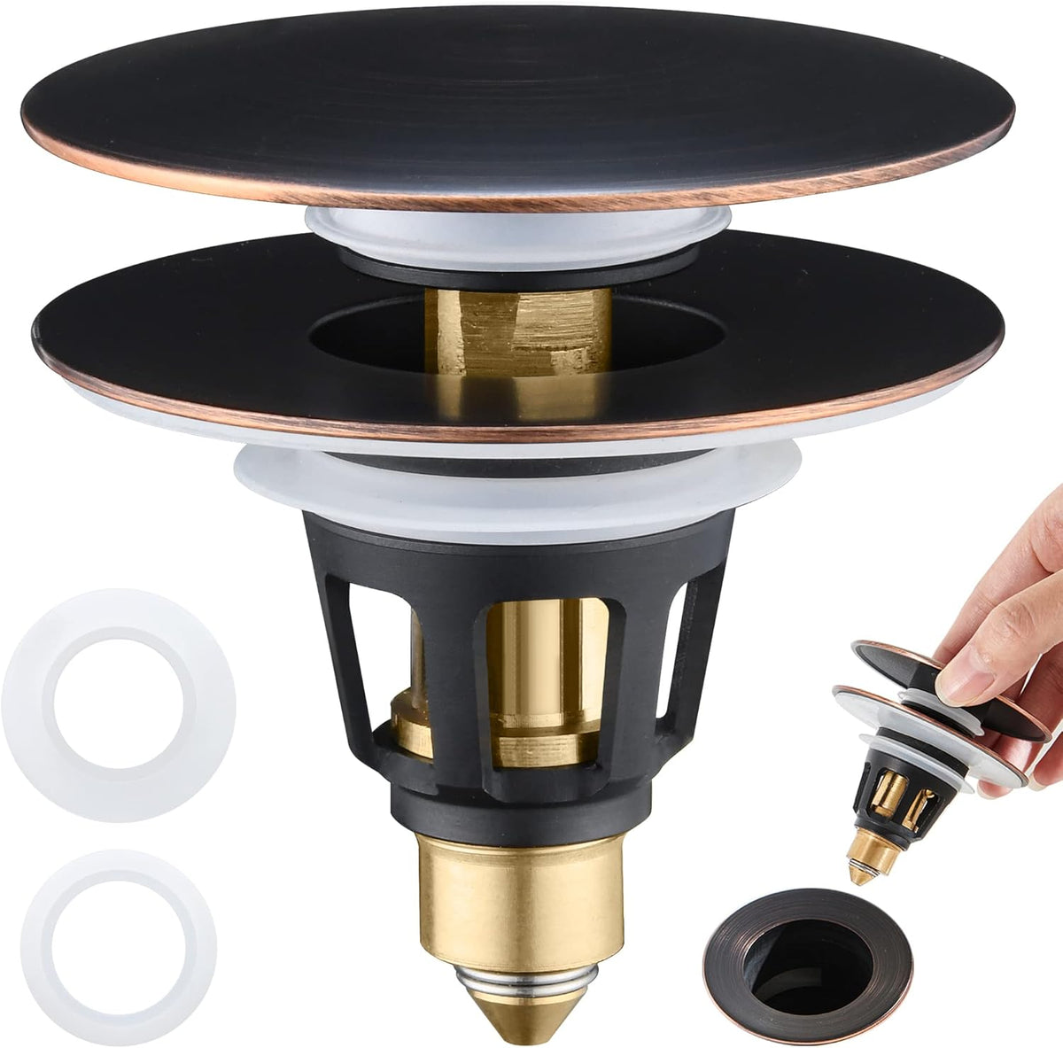 Universal 3-in-1 Bathroom Sink Stopper - Pop Up Sink Drain Stopper, Push Button Sink Drain Stopper Replacement, Wash Basin Drain Filter Plug with Anti-Clogging Strainer, Oil Rubbed Bronze