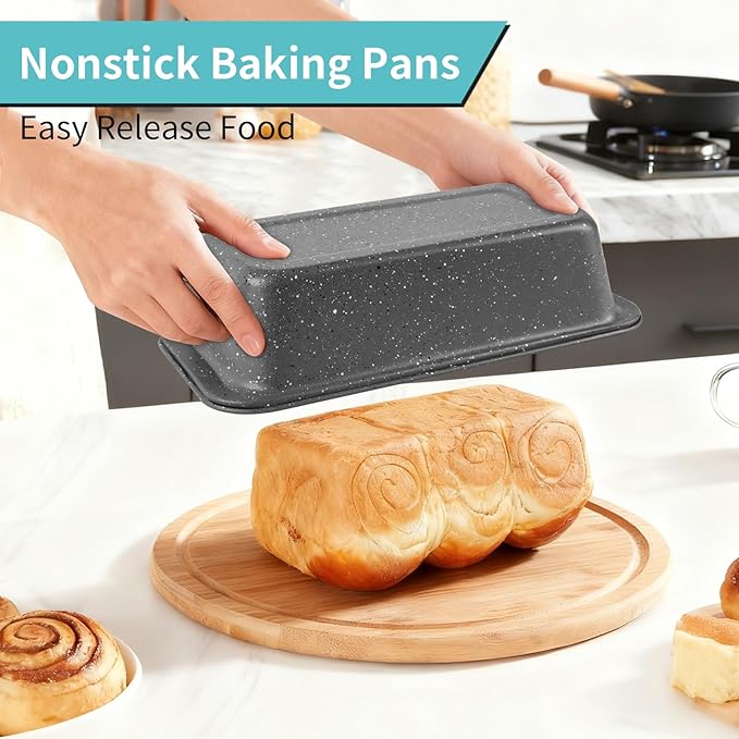 Baking Pans Set, 5 Piece Grey Marble Nonstick Bakeware with 100 Cupcake Liners – Stackable Carbon Steel Set for Small Kitchens, Apartments, Home Baking and Gifts