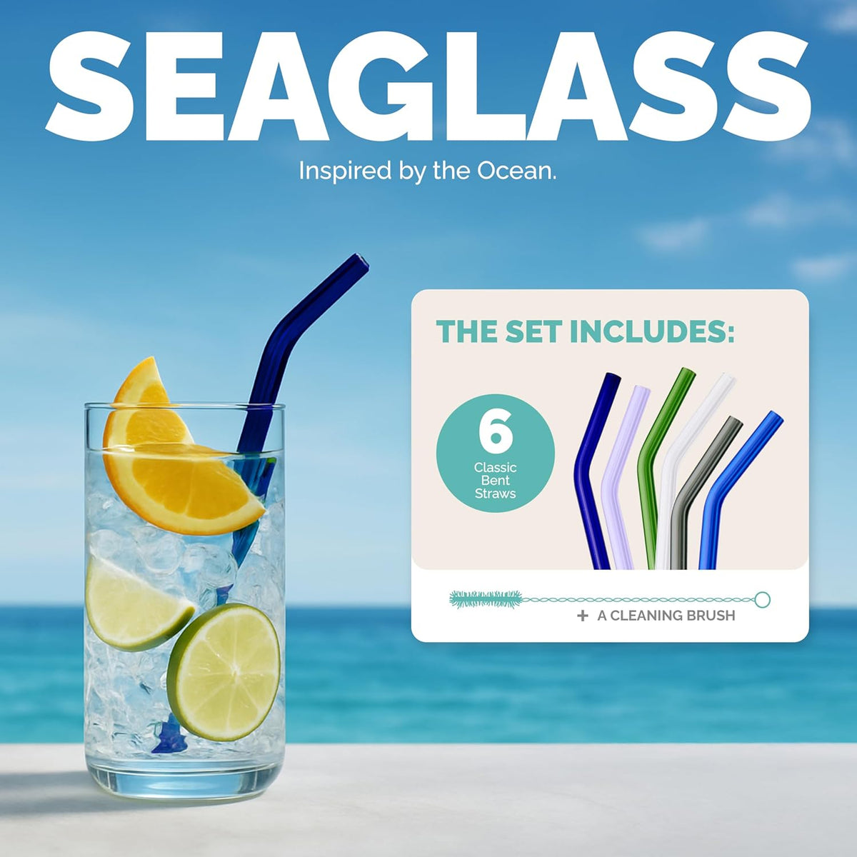 Simply Straws 8 Inch Glass Straws Bent (6-Pack) – Reusable Glass Straws for Pints & Juice Drinkware, with Cleaning Brush – Dishwasher Safe, Hot & Cold Use, BPA-Free (Seaglass)