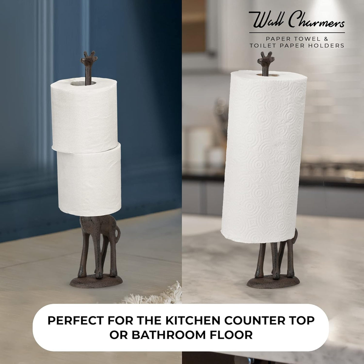 WallCharmers Rustic Paper Towel Holder, Metal Toilet or Kitchen Paper Holder for Floor or Countertop, Rustic Giraffe