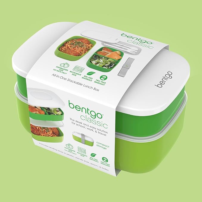 Bentgo Classic - Adult Bento Box, Stackable 3-Compartment Lunch Box with Removable Utensil Set and Sealing Strap, BPA-Free, Food Container Ideal for Meal Prep, Work, and On the Go (Green)