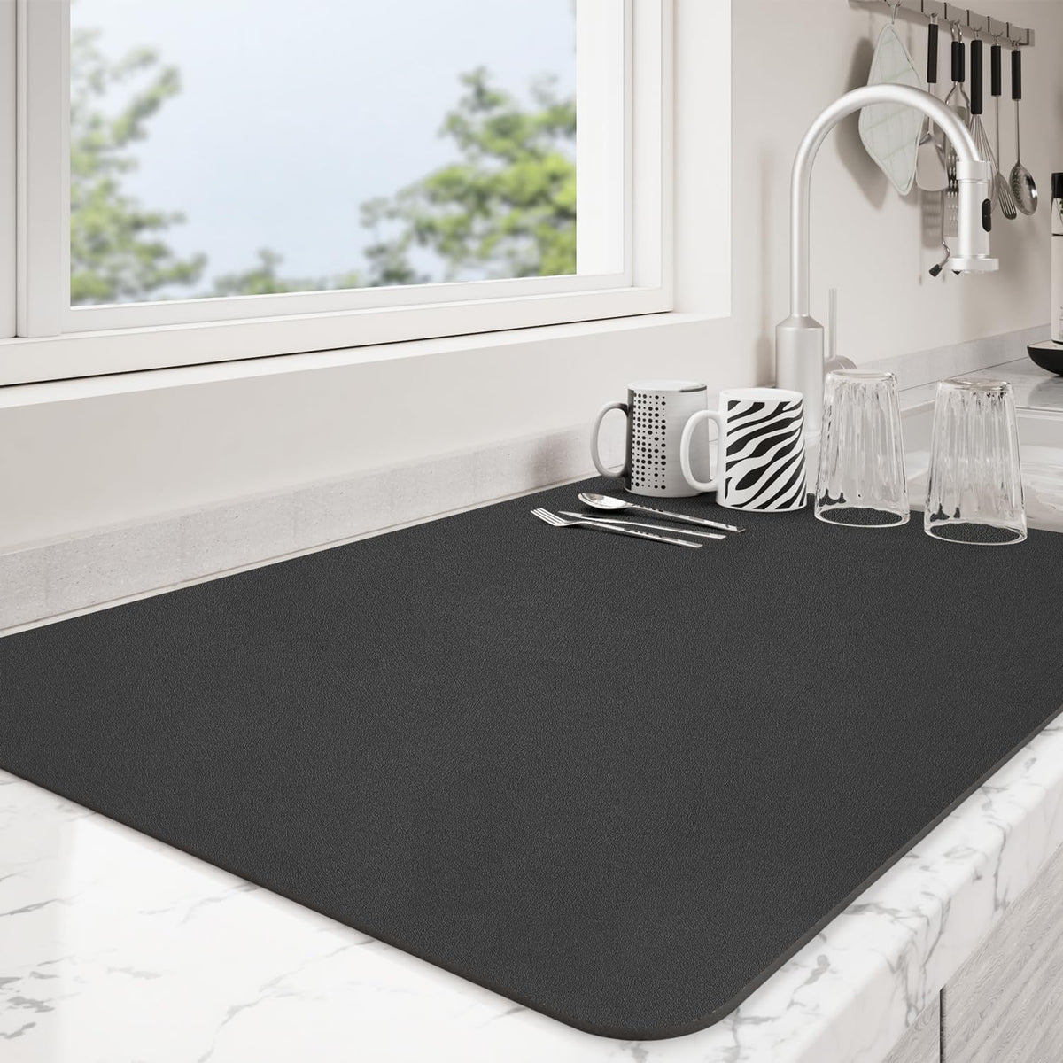 Dish Drying Mat for Kitchen Counter | Coffee Bar Mat for Countertops | Heat Resistant Drainer Mat with Non-slip Rubber Backed | Hide Stain Kitchen Absorbent Draining Mat | Black 18"x32"