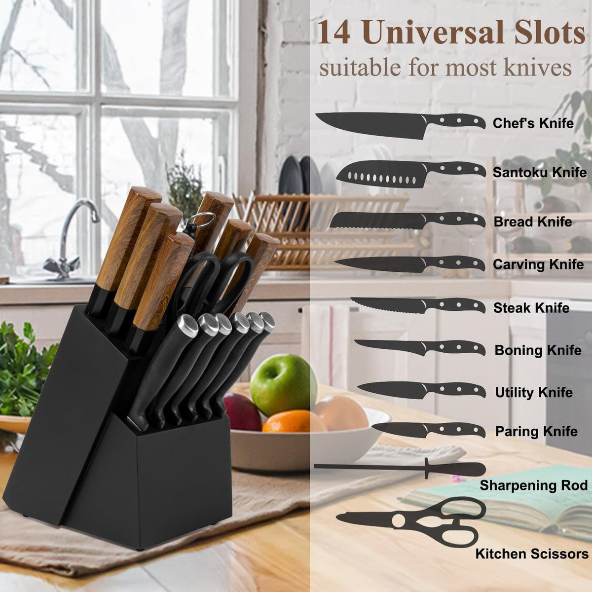 RedCall Universal Knife Block Holder,Large Wood Bamboo Knife Block without Knives,14 Slot Universal Knife Holder Countertop,Butcher Block Knife Storage Organizer for Kitchen (Black)
