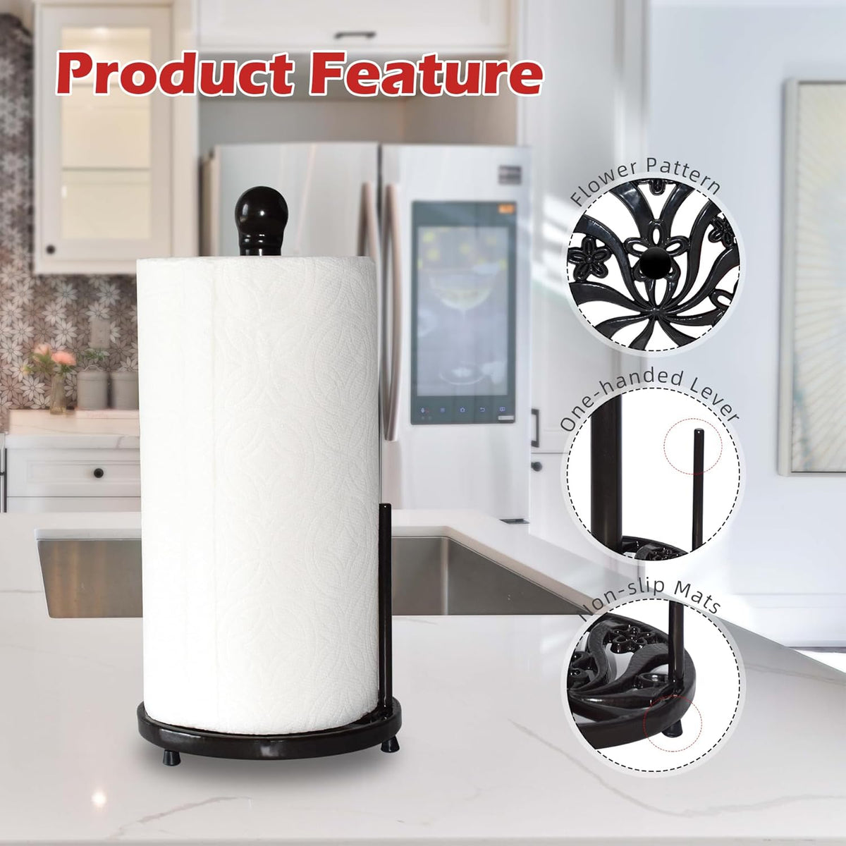 Vintage Paper Towel Holder Countertop - Cast Iron Standing Roll Paper Towel Dispenser with Elegant and Heavy Daffodil Pattern Base for Kitchen Décor, Black