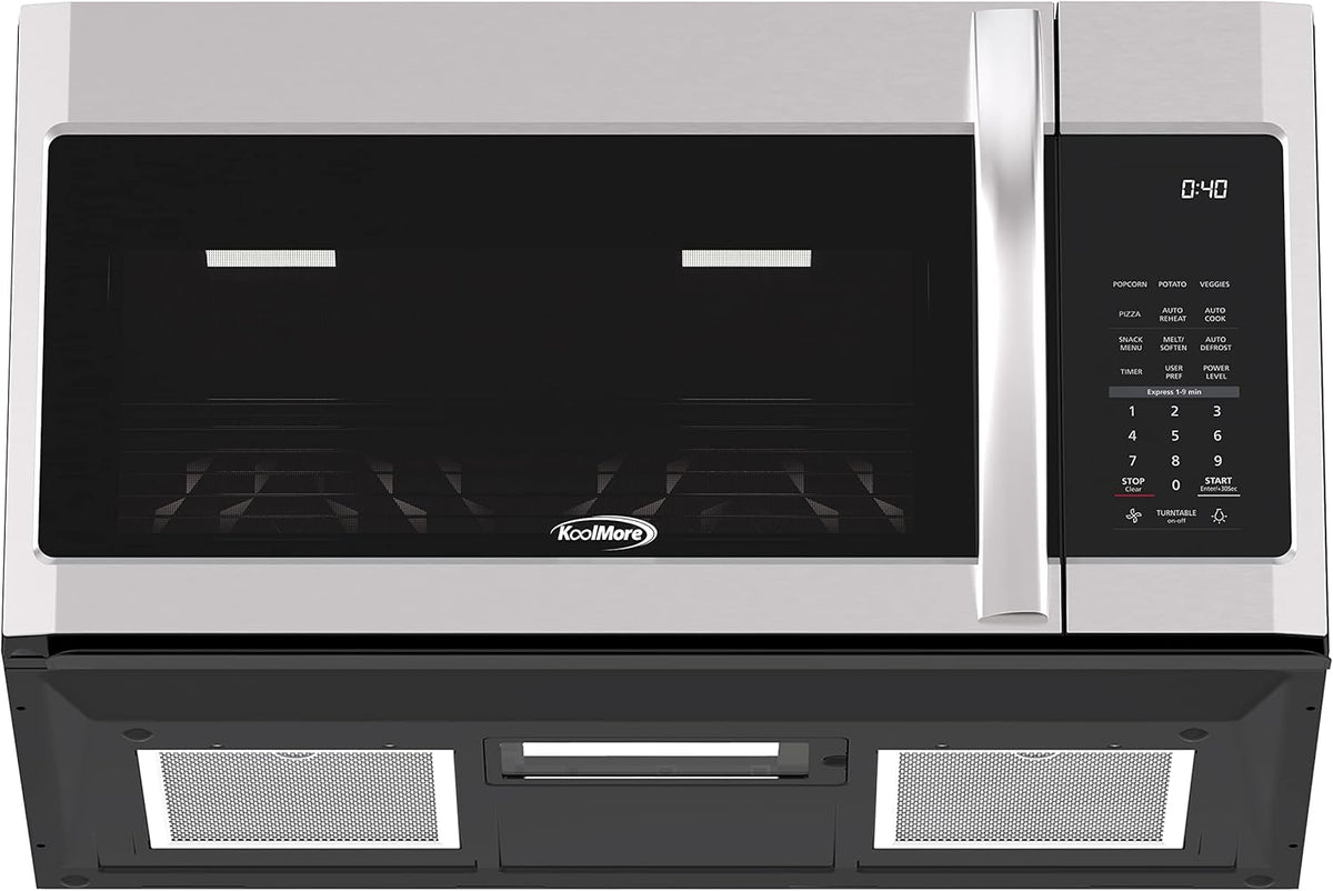 KoolMore KM-MOT-2SS Range Microwave Oven Lamp and 300CFM Recirculation Vent Hood, Auto Cook Menus, Reheat Function, 11 Power Levels, Timer, and Weight Defrost, 30 in/1.9 Cu. Ft, Silver
