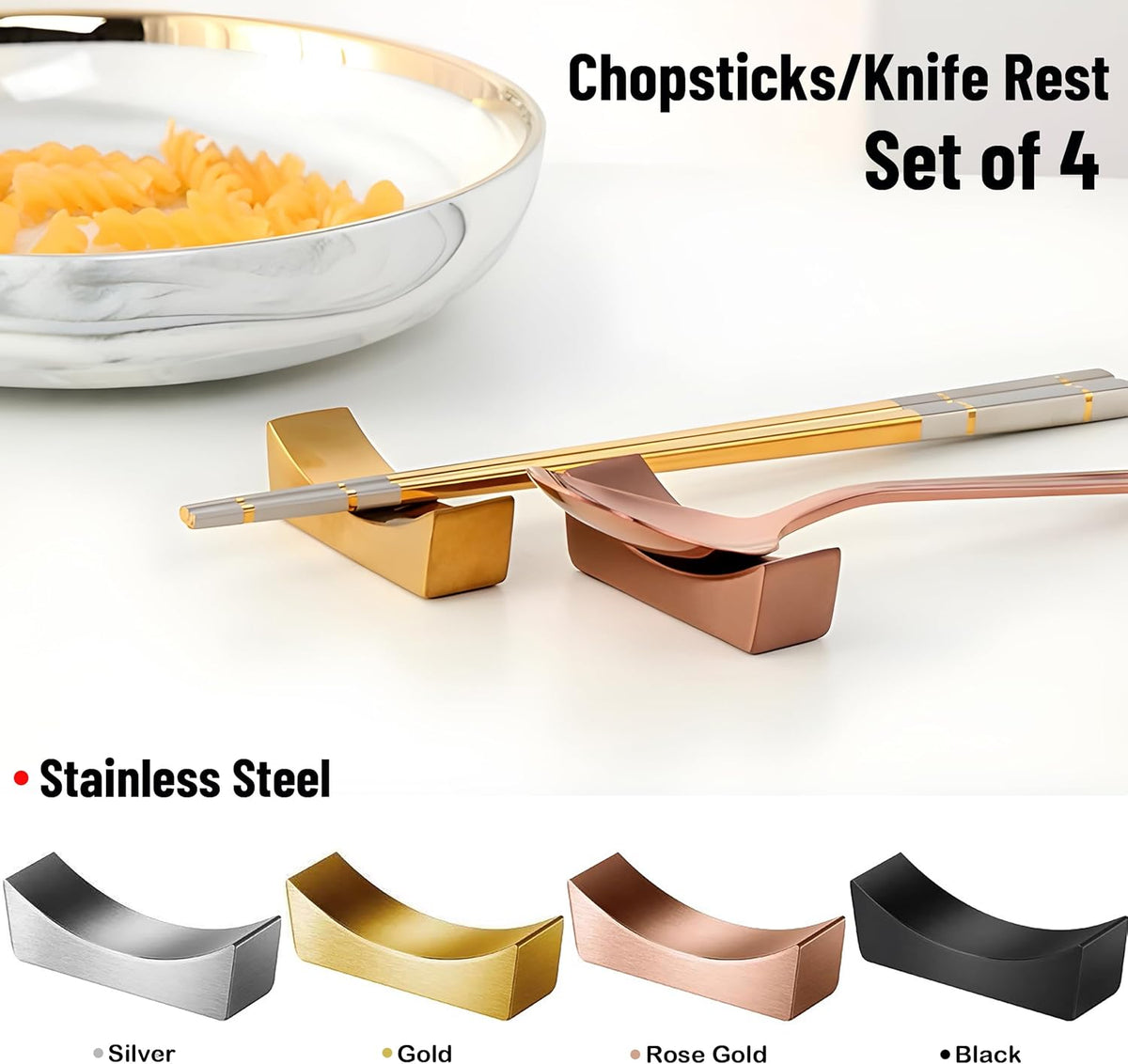MyLifeUNIT Stainless Steel Chopsticks Rest, Knife Rest and Chopsticks Holder, Set of 4 (Black)