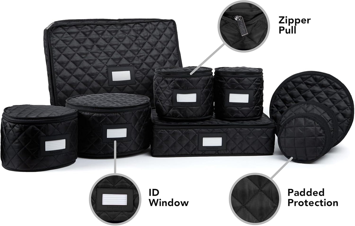 Covermates Keepsakes - Dish Storage Set - Padded Protection - ID Window - Stain Resistant - Machine Washable - China Storage, Black