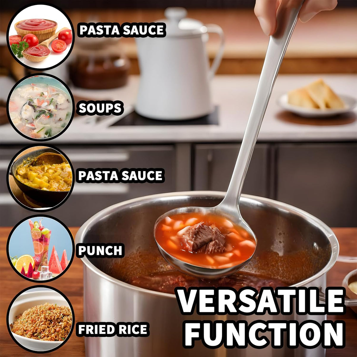 Stainless Steel Soup Ladle Spoon with Comfortable Grip - Cooking and Serving Spoon for Soup, Chili, Gravy, Salad Dressing- Great Cooking Spoon for Kitchen [Rustproof, Heat Resistance, Durable]