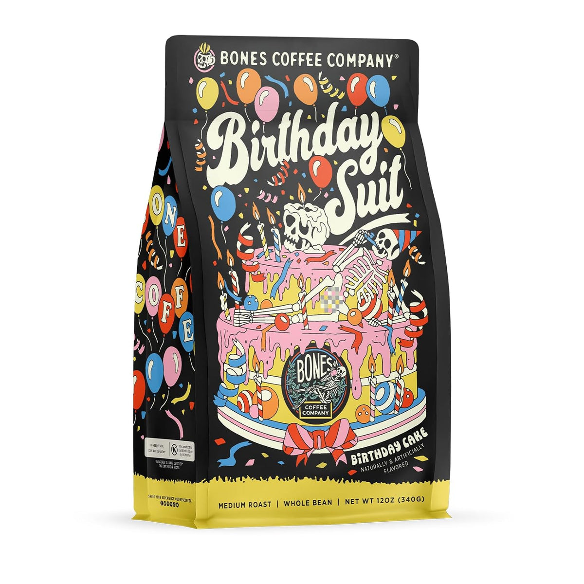 Bones Coffee Company Birthday Suit, Birthday Cake Flavored Coffee, Medium Roast Low Acid Arabica Beans Compatible with Auto drip and French Press Coffee Maker, 12 Oz Whole Bean