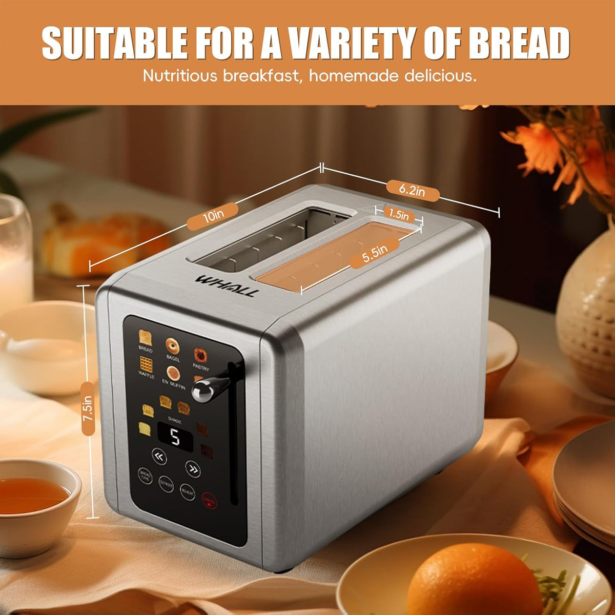 WHALL® Touch Screen Toaster 2 Slice, Stainless Steel Digital Timer Toaster, 6 Bread Types & 6 Shade Settings, Smart Extra Wide Slots Toasters With Bagel, Cancel, Defrost Functions
