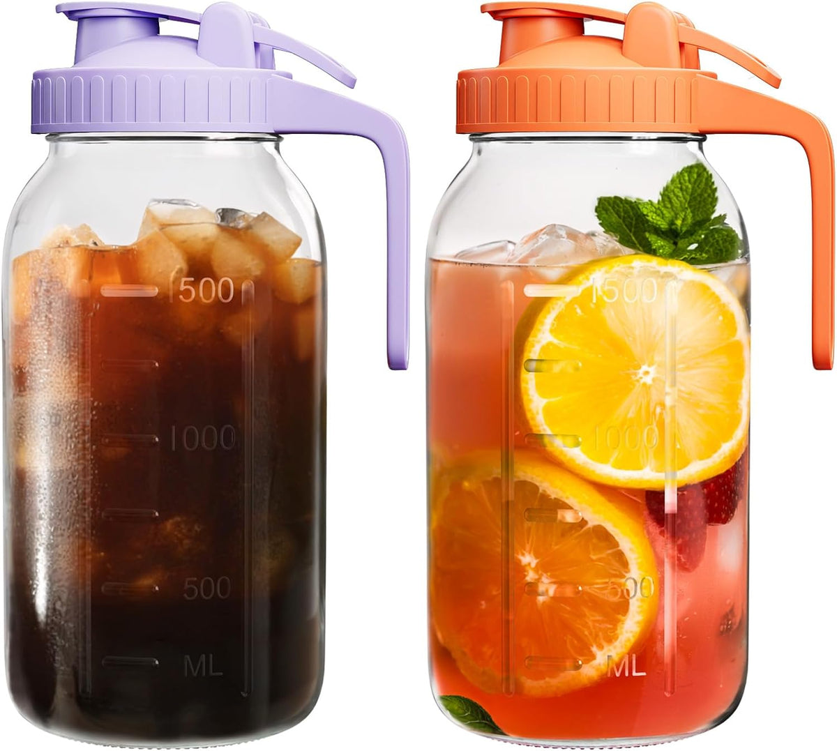 | 2 Pack | 64oz | Glass Mason Jar Pitcher with Lid and Spout, 2 Quart (1.9 Liter) Airtight Glass Water Jug Wide Mouth for Juice, Sun Tea, Iced Coffee, Milk Storage, Purple & Orange