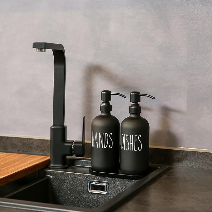 MOMEEMO Black Soap Dispenser Set, Contains Dish and Hand Soap Dispenser, Suitable for Kitchen Decor and Accessories. (Black)