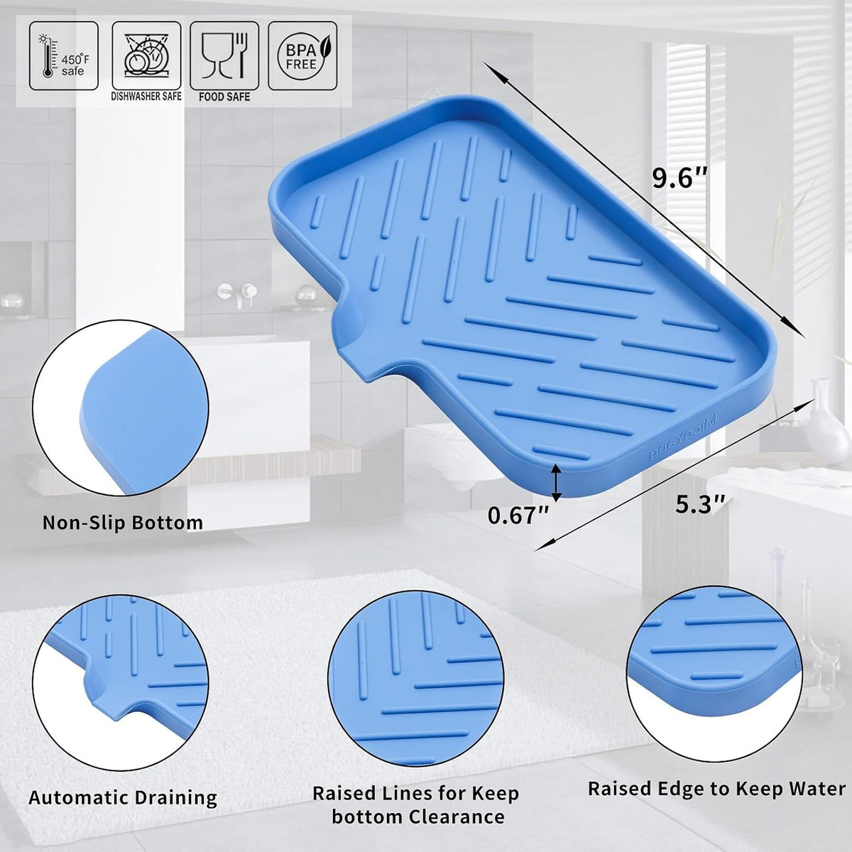 Silicone Bathroom Soap Dishes with Drain Spout Bathroom and Kitchen Sink Organizer,Sponge Holder,Dish Soap Tray,Perfect for Dispenser,Scrubber,Bottle,Cup on Counter Lichen Blue 9.6"×5.3"