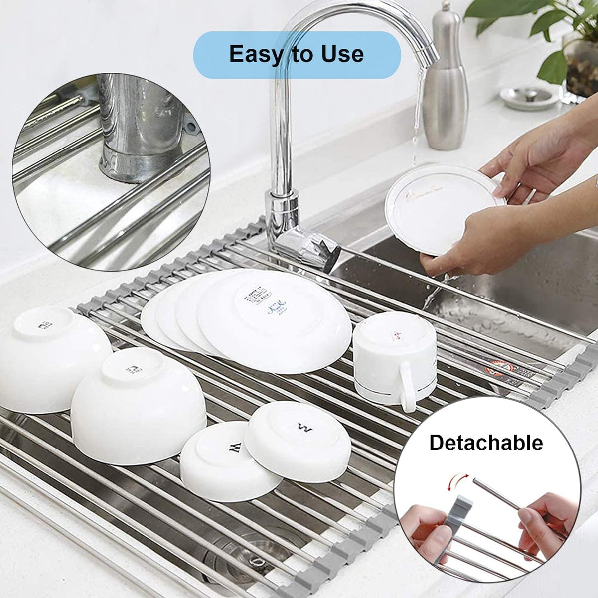 Searik Dish Drying Rack Roll Up Sink Drying Rack, Over The Sink Dish Rack Multi-Use Stainless Steel Dish Drainers Heat Resistant Mat for Drying Draining Trivet (17.7"x13.8")