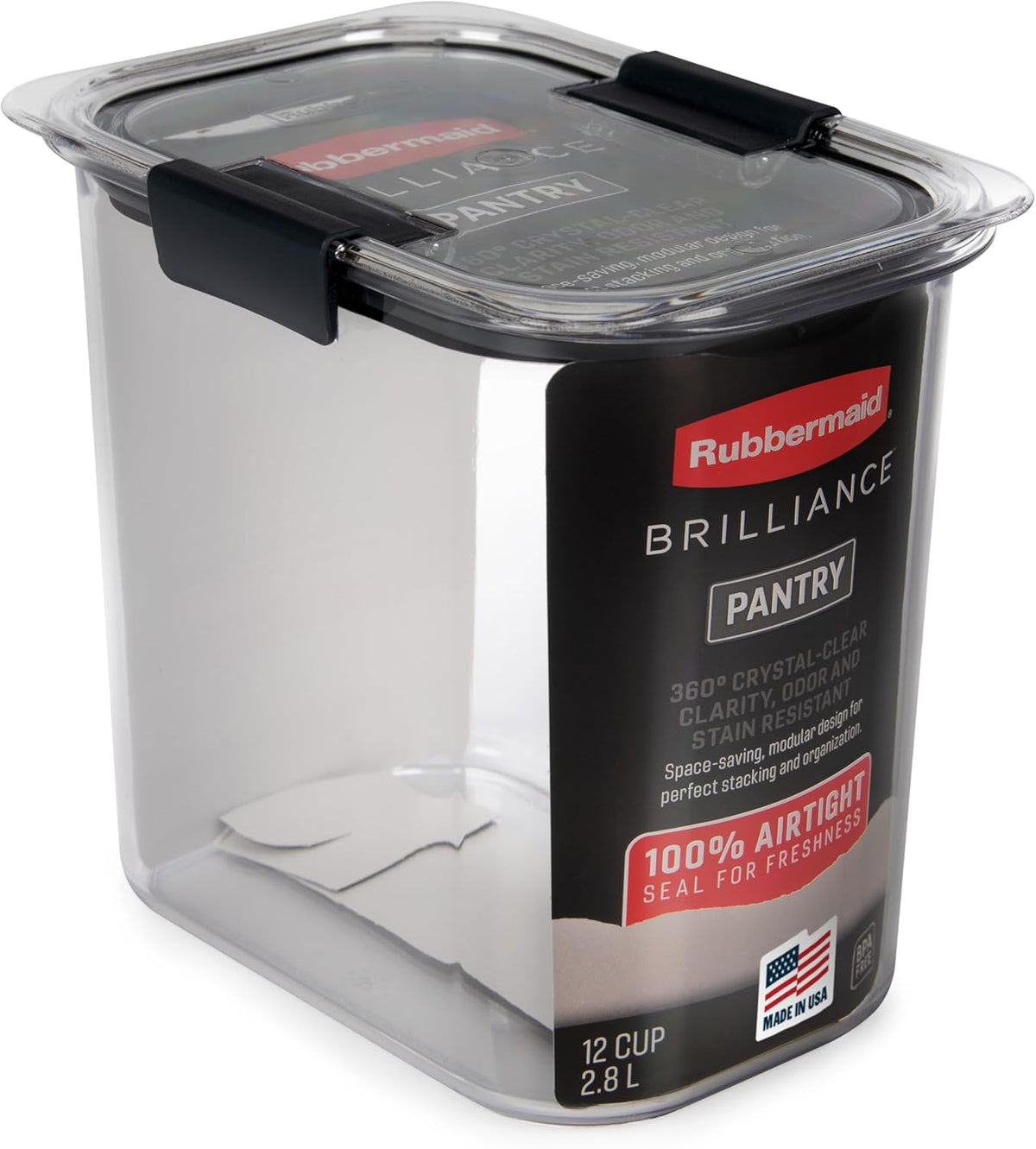 Rubbermaid Brilliance 12-Cup Airtight Food Storage Container, Perfect for Pantry Staples, Clear/Grey