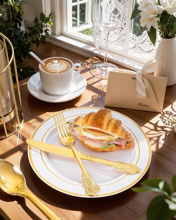 bUCLA 150PCS Gold Plastic Silverware Disposable - Heavy Duty Plastic Cutlery - Gold Disposable Utensils Set - Include 50 Knives, 50 Forks, 50 Spoons for Party & Thanksgiving