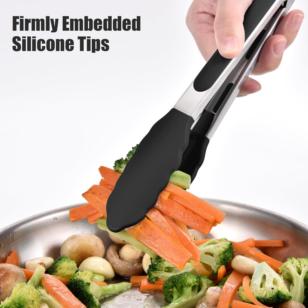 Doosu Kitchen Tongs for Cooking - 600°F Heat Resistant Food Tong Set with Non-Scratch Silicone Tips, Heavy Duty Stainless Steel Locking Tong for BBQ, Grilling Steak, Serving Salad (9+12in, Black)