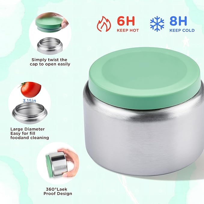 Bento Lunch Box for Kids With 8oz Thermo, Leakproof Bento Box with with 2 Compartments, Insulated Bottle, Lunch Bag, BPA Free Dishwasher Safe for School Girls Boys (Green)
