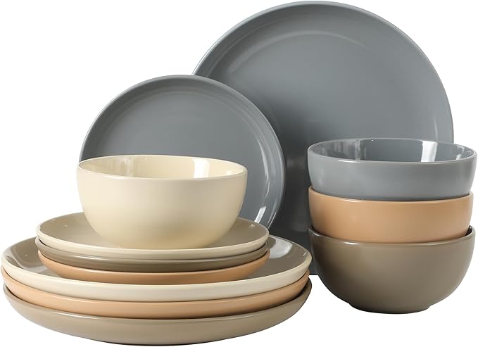 Gibson Home Rockaway 12 Piece Plates and Bowls Matte Outside/Shiny Inside Glaze Service for 4 Dinnerware Set - Assorted Color (Cream, Blue, Beige, Brown) - Dishwasher and Microwave Safe