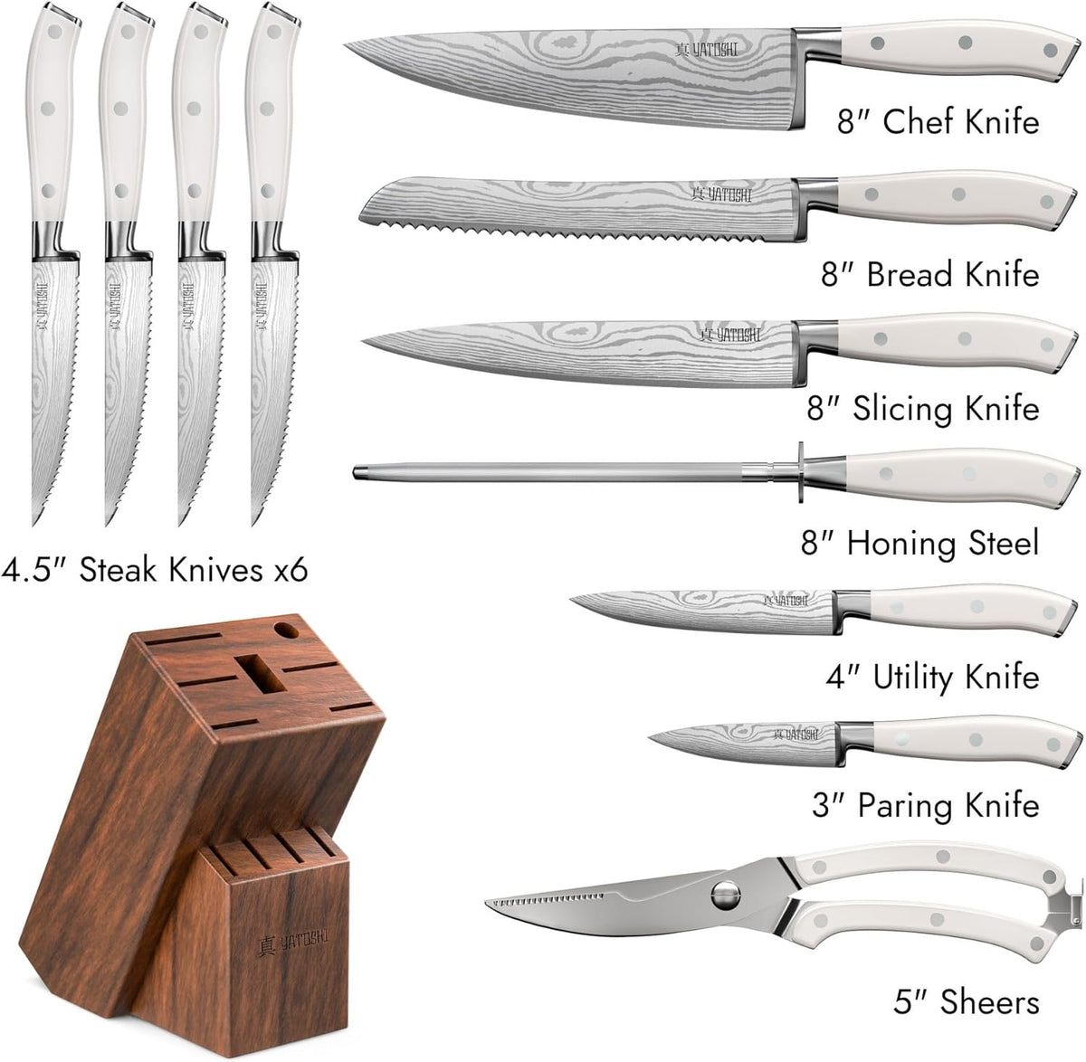 Yatoshi 12 Piece White Knife Block Set - Pro Kitchen Knife Set Ultra Sharp High Carbon Stainless Steel with Ergonomic Handle