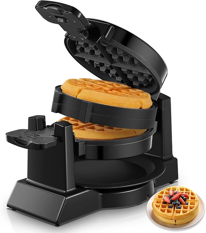 Waffle Maker, 1400W Double Belgian Waffle Iron 180° Flip, 8 Slices in 3 Mins, Rotating & Nonstick Plates, Anti-Scald, Removable Drip Tray Easy to Clean, Cool Touch Handle, Space-Saving Storage(Black)