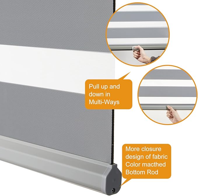 Persilux Cordless Zebra Blinds for Windows Free-Stop Roller Shades (33" W X 64" H, Grey) Dual Layer Light Cintrol for Day and Night, Light Filtering Sheer Shades for Home, Easy to Install