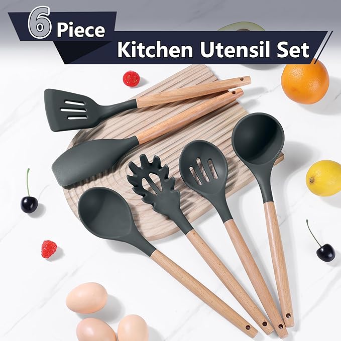 P&P CHEF Cooking Utensils Set, 6 PCS Kitchen Utensils with Wooden Handle, Silicone Spatula for Nonstick Cookware, Easy Clean & Non-toxic, Gray