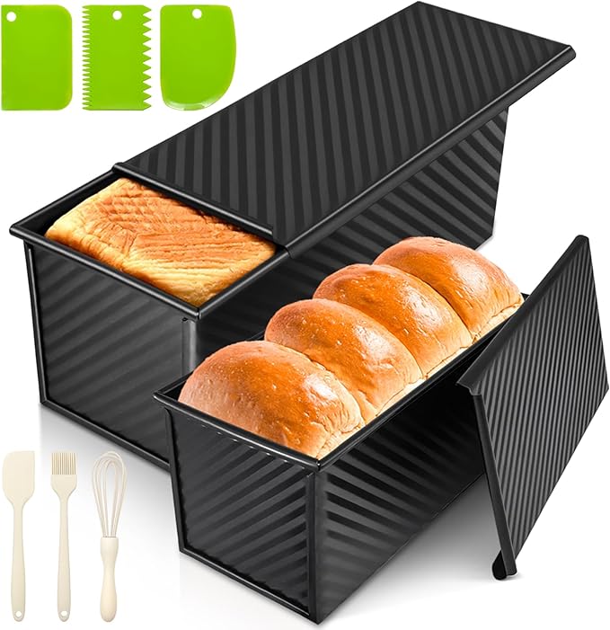 2Pack Bread Pan with Lids – 2.2 LB & 1 LB Dough Capacity, Non-Stick Carbon Steel Bread Pans for Homemade Sandwich and Sourdough Bread, Corrugated Toast Mold Black