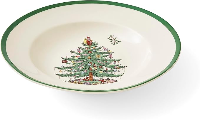 Spode Christmas Tree 9" Soup Plate (Set of 4) – Stoneware Bowls with Festive Tree Design & Green Rim, Ideal for Serving Soup, Pasta, Salad – Microwave & Dishwasher Safe Holiday Dinnerware