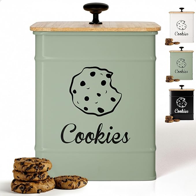 Cookie Jar with Airtight Lid - 1 Gallon - 6"D x 8"H Green Iron Cookie Tin with Bamboo Lid - Large Cookie Jars with Lids Airtight - Farmhouse Cookie Jars for Kitchen Counter Decorative - Cookies Jar
