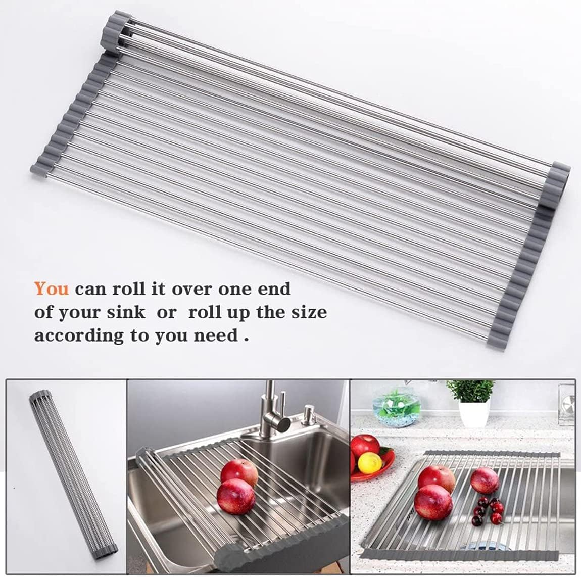 Ahyuan Roll up Dish Drying Rack Over The Sink Kitchen Roll up Sink Drying Rack Portable Dish Drainer Foldable Dish Drying Rack (Warm Gray, 20.5''X19.7'')