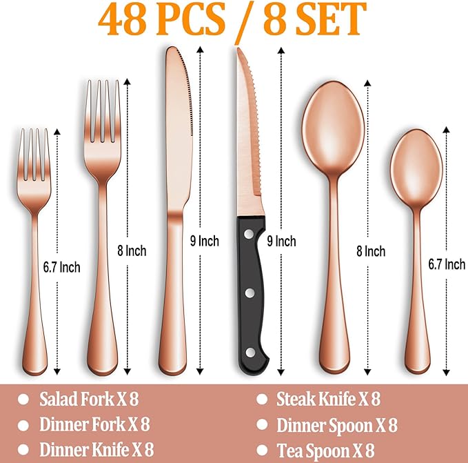 48 Pcs Rose Gold Silverware Set with Steak Knives Service for 8,Stainless Steel Flatware Set,Mirror Polished Cutlery Utensil Set, Kitchen Eating Tableware,Include Fork Knife Spoon Set,Dishwasher Safe