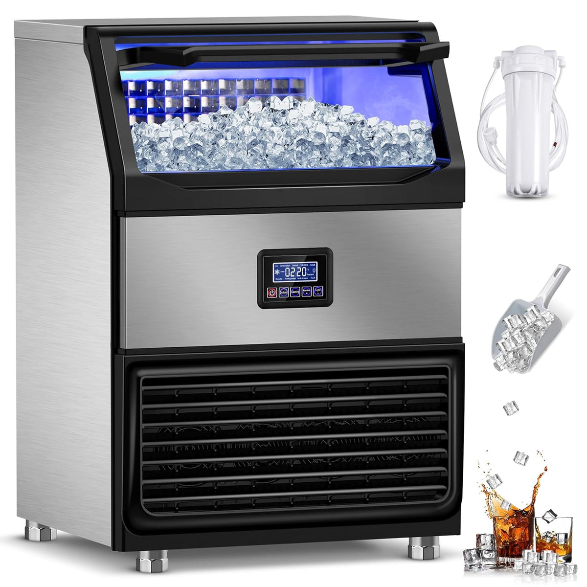Commercial Ice Maker Machine, 350Lbs/24H with 75Lbs Storage Bin, 108Pcs Ice Cubes 8Mins, Freestanding Large Ice Machine with Water Filter and Ice Scoop for Home Bar Office Restaurant