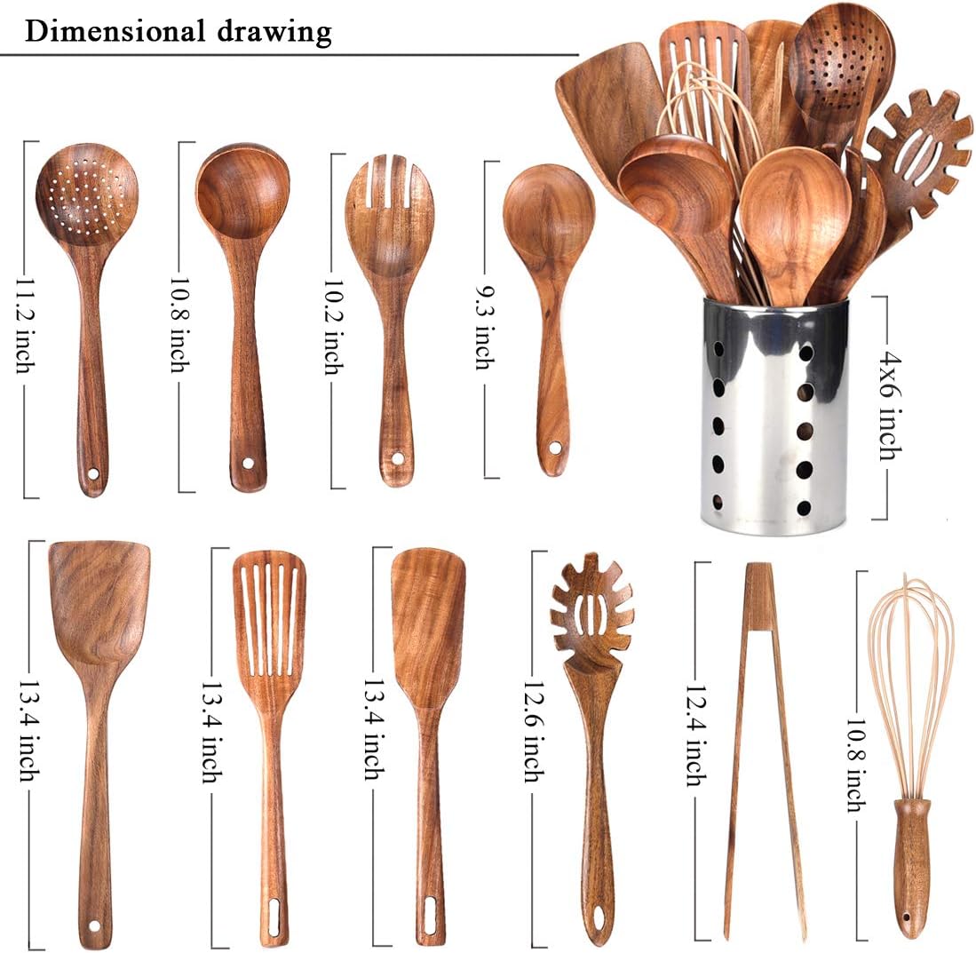 Kitchen Utenails Set with Holder,Kitchen Wooden Utensils for Cooking, Wood Utensil Natural Teak Wood Spoons for Cooking,Wooden Kitchen Utensil Set With Spatula and Ladle (11)