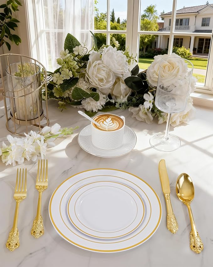 bUCLA 300PCS Gold Plastic Silverware Disposable - Heavy Duty Plastic Cutlery - Gold Disposable Utensils Set - Include 100 Knives, 100 Forks, 100 Spoons for Party & Thanksgiving