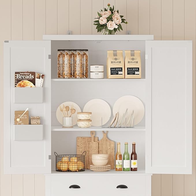 IRONCK Kitchen Pantry Storage Cabinet 83.9" H, with Barn Doors, Drawer, 4 Adjustable Shelves, Freestanding Cupboard for Dining Room Living Room, Laundry, White