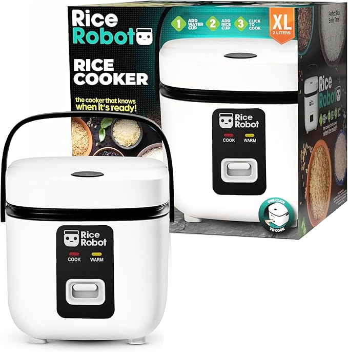 Rice Robot Rice Cooker – Family Size 4 Cup Uncooked (8 Cups Cooked) Electric Rice Maker | PFAS-Free Ceramic Nonstick | Includes Stainless Steel Steamer Tray and Accessories | As Seen on TV