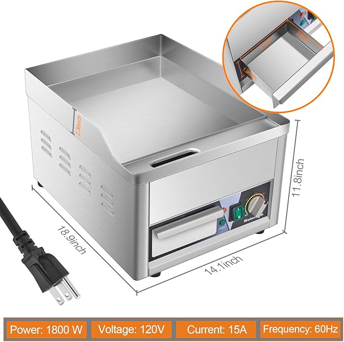 Commercial Electric Griddle with Spatulas,14",1800W Stainless Steel Countertop Flat Top Grill Indoor,122-572℉ Adjustable Temp Control 2 Shovels and Brushes 110V