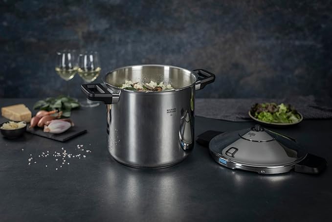 Kuhn Rikon DUROMATIC® 7.0L Stovetop Pressure Cooker – 22cm, Swiss Made – 18/10 Stainless Steel, Energy Efficient, Safe Locking Lid, Works on Induction & All Stovetops, Includes Trivet & Cookbook