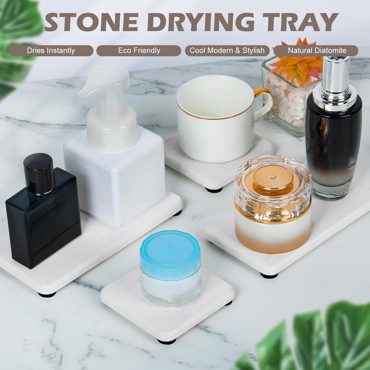 4PCS Water Absorbing Stone Tray for Sink, Fast Drying Stone Sink Tray, Water Absorbent Diatomite Trays, Diatomaceous Coaster, Stones Drying Trays for Bathroom Sinks and Kitchen Counter