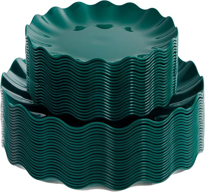 LIYH 50 Pcs Dark Green Plastic Plates Reusable Christmas Plastic Plates Green Christmas Plate Unbreakable Holiday Dinnerware Set Fancy Scalloped Plate Dishwasher Safe BPA Free (25Guests)