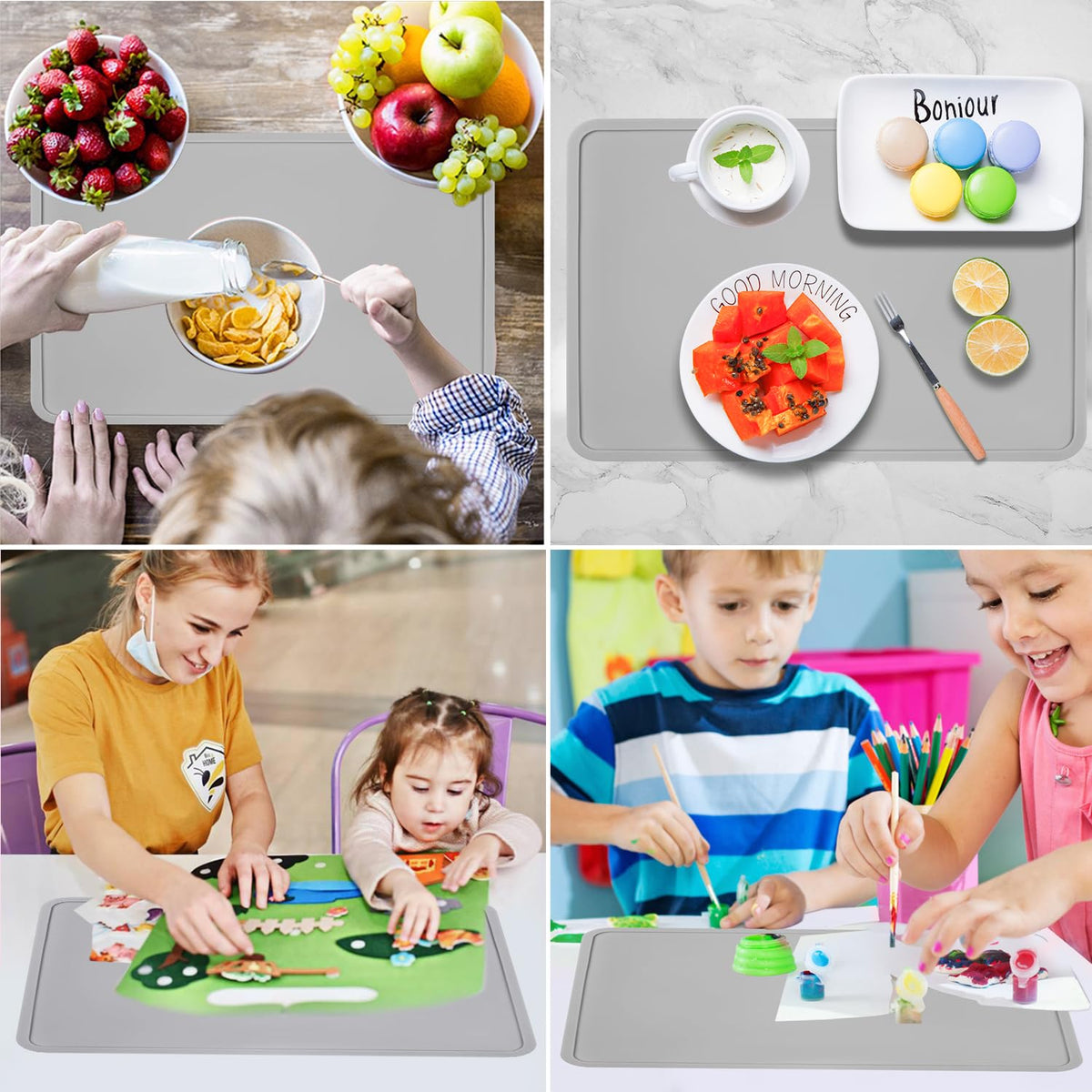 Silicone Placemats with Raised Edges for Kids, Kids Placemat for Dining Table, Silicone Table Mat Portable Reusable Non-Slip Mats for Kids Toddler Children (Grey)