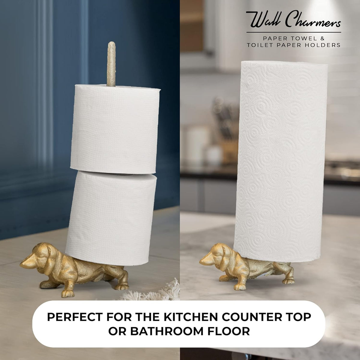 WallCharmers Gold Paper Towel Holder, Metal Toilet or Kitchen Paper Holder for Floor or Countertop, Gold Dog