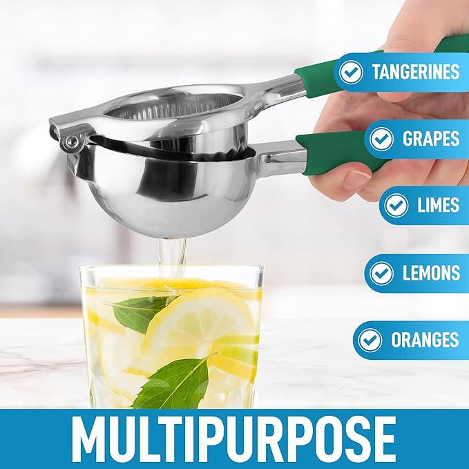 Zulay Kitchen Lemon Squeezer Stainless Steel with Premium Heavy Duty Solid Metal Squeezer Bowl and Food Grade Silicone Handles - Large Manual Citrus Press Juicer and SS Lime Squeezer (Green)