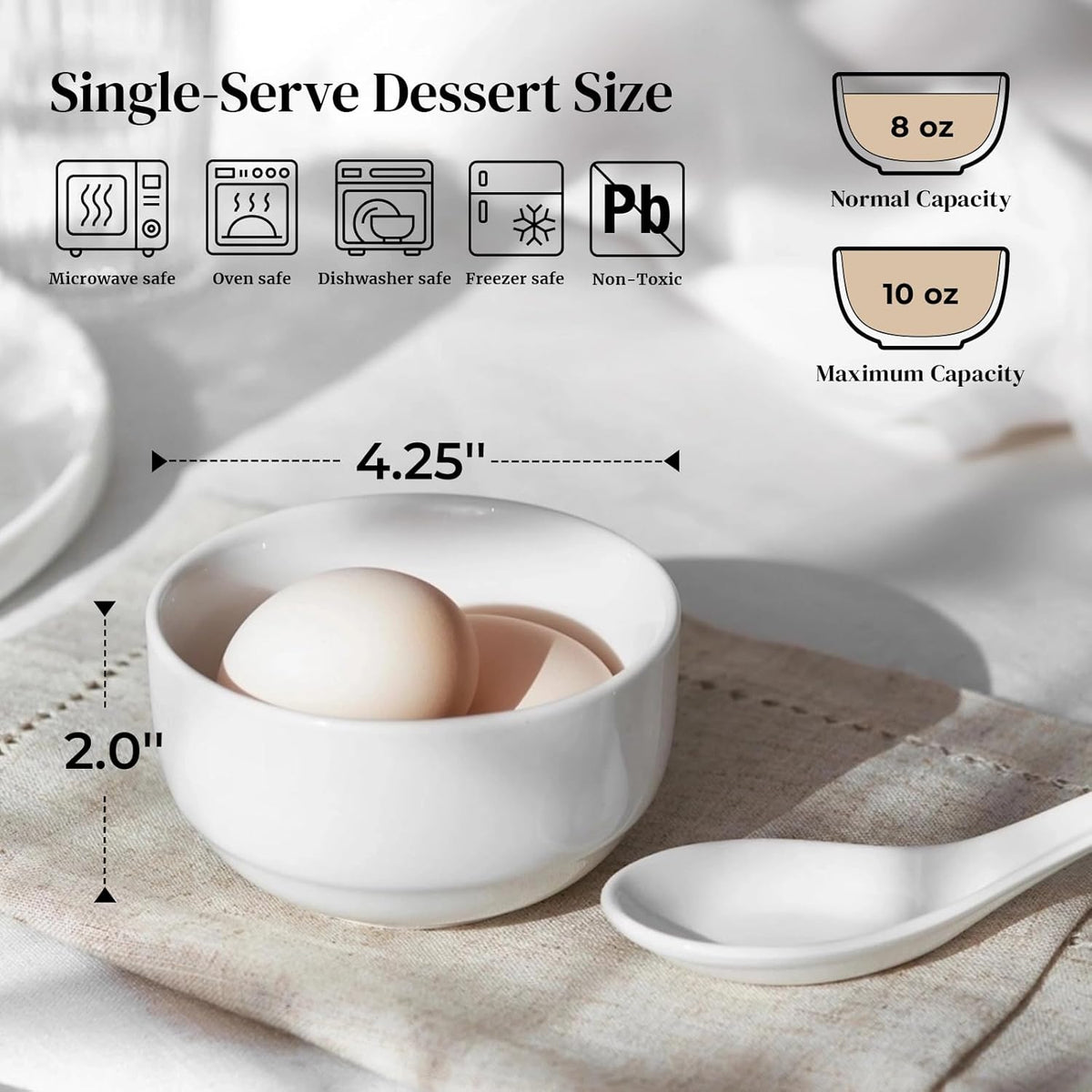 DOWAN 10 OZ Ice Cream Bowls - 4.25" Ceramic Dessert Bowl Set of 6 - Porcelain Small Bowls, Bouillon Cups for Side Dishes, Ice Cream, Oatmeal, Fruit, Portion Control - Dishwasher Microwave Safe