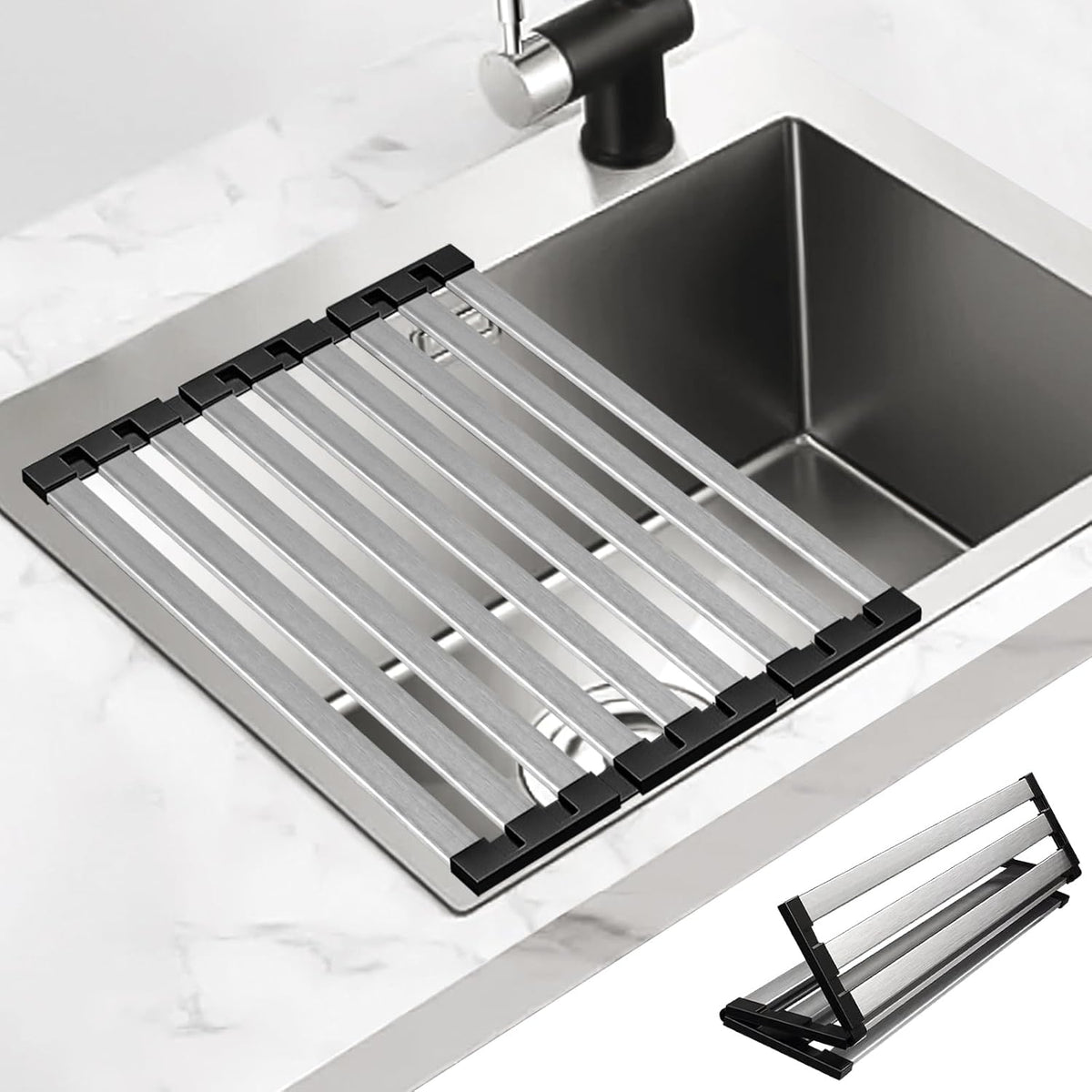 17.5" X 13" Roll Up Dish Drying Rack, 304 Stainless Steel Over Sink Dish Drying Rack, Foldable Heat-Resistant Dishes Drainer for Kitchen and RV Sink Counter, Black