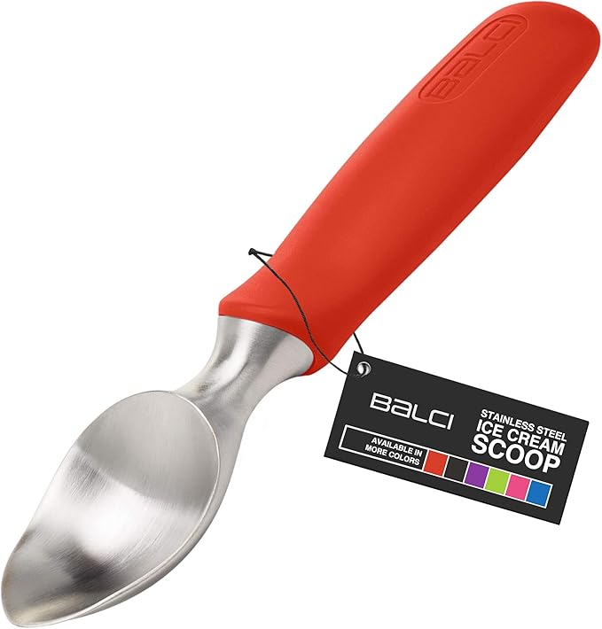 BALCI Ice Cream Scoop - Heavy Duty Stainless Steel Icecream Scooper With Non-Slip Rubber Grip - Professional Metal Ice-Cream Spade - Dishwasher Safe – Red