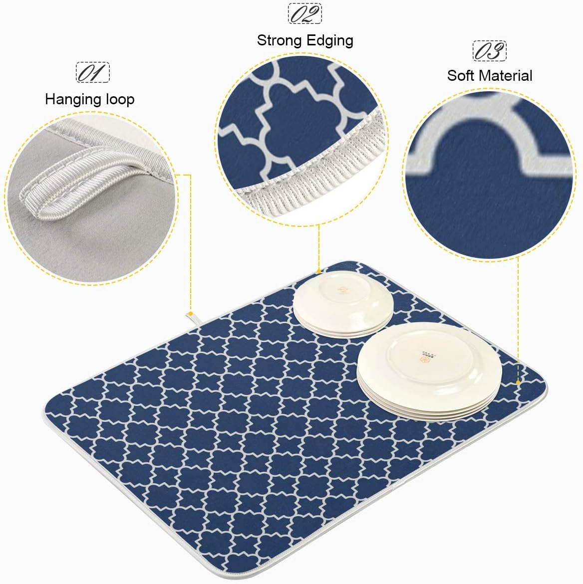 Super Absorbent Dish Drying Mat Microfiber Fast-Drying Dish Mat 24" x 18" Kitchen Dish Drying Pad Watercolor Cute Navy Blue Moroccan Mandala