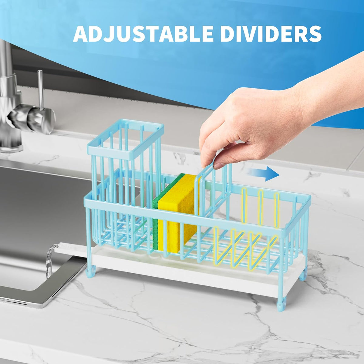 Cisily Blue Sponge Holder for Kitchen Sink, Sink Caddy Organizer with High Brush Holder, Kitchen Countertop Organizers and Storage Essentials, Rustproof 304 Stainless Steel, Soap Dispenser Organize