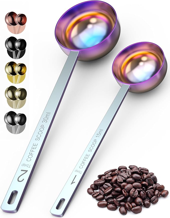 Orblue Premium Coffee Scoop Set - 1 Tbsp (15ml) & 2 Tbsp (30ml) Measuring Tablespoon - Stainless Steel Coffee Measuring Spoon and Scooper with Long Handles - Pack of 2, Multicolored